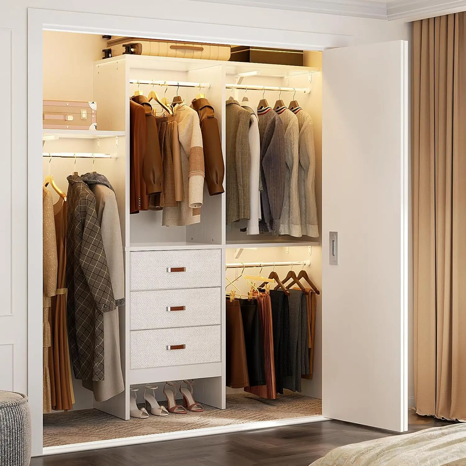 Cyclysio 5FT Wooden Closet System with 3 Fabric Drawers, 19-59 Inches(cut to fit) Sturdy Walk In Closet Organizer System With 3 Adjustable Shelves