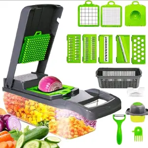 Multifunctional 15-In-1 Food Vegetable Chopper Cutter Slicer Salad Onion Chopper Dicer With Container 8 Interchangeable Blades Hand Protector Drain Strainer Peeler For Potato Mandoline Slicer Kitchen Tool