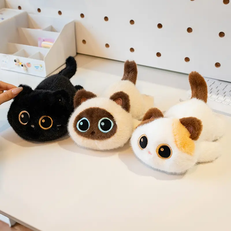 Soft Fufu plush toy — cute kitten with big eyes, curled posture; soothing aesthetic; kitten figurine; desktop stress-relief companion ornament