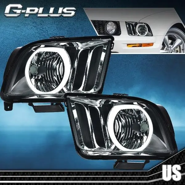 G-PLUS Projector LED Headlight Kit for 2005-2009 Ford Mustang, Smoke/Chrome Daytime Running Light Halo Headlight Assemblies, Driver & Passenger Side Pair, Car Exterior Upgrade