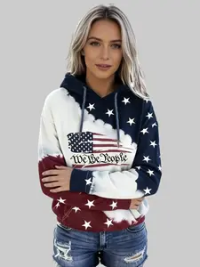 Women's pullover hoodie -American Flag Print Drawstring Hoodie, Casual Long Sleeve Kangaroo Pocket Sweatshirt,comfort hoodie, Plus Size Fashion
