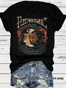 Women's Moon Print Round Neck Tee, Vintage Trendy Casual Short Sleeve T-shirt for Daily Wear, Ladies Summer Outfit, Top, Halloween Clothes Cotton