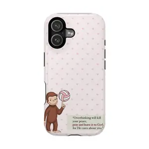Curious George Christian iPhone Case – Cute Monkey with Volleyball & Inspirational Bible Quote |     Faith Over Fear Scripture Phone Cover |     Prayer Gift Protective Case for IPhone 17 16 15 14 13 12 Max Pro Samsung galaxy, Encouraging Christian Gift fo