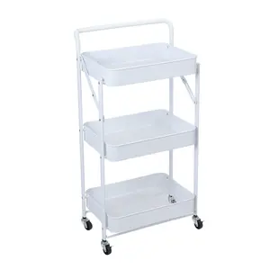 Fruit Vegetable Storage Basket, 3 Tiers Stackable Plastic Storage Baskets with Casters, Foldable Fruit Basket Stand for Kitchen, Pantry, Bathroom