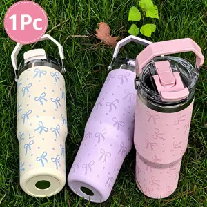 1pc 30oz Cute Bow Pattern Double Wall Stainless Steel Insulated Tumbler, Flat Bottom Cup, Coffee Cup, Car Cup, Water Bottle, Outdoor Mug, Tea Cup, Vacuum Flask, Designed With Straight Drinking Lid And Straw Lid, Suitable For Outdoor, Office, Home, School,