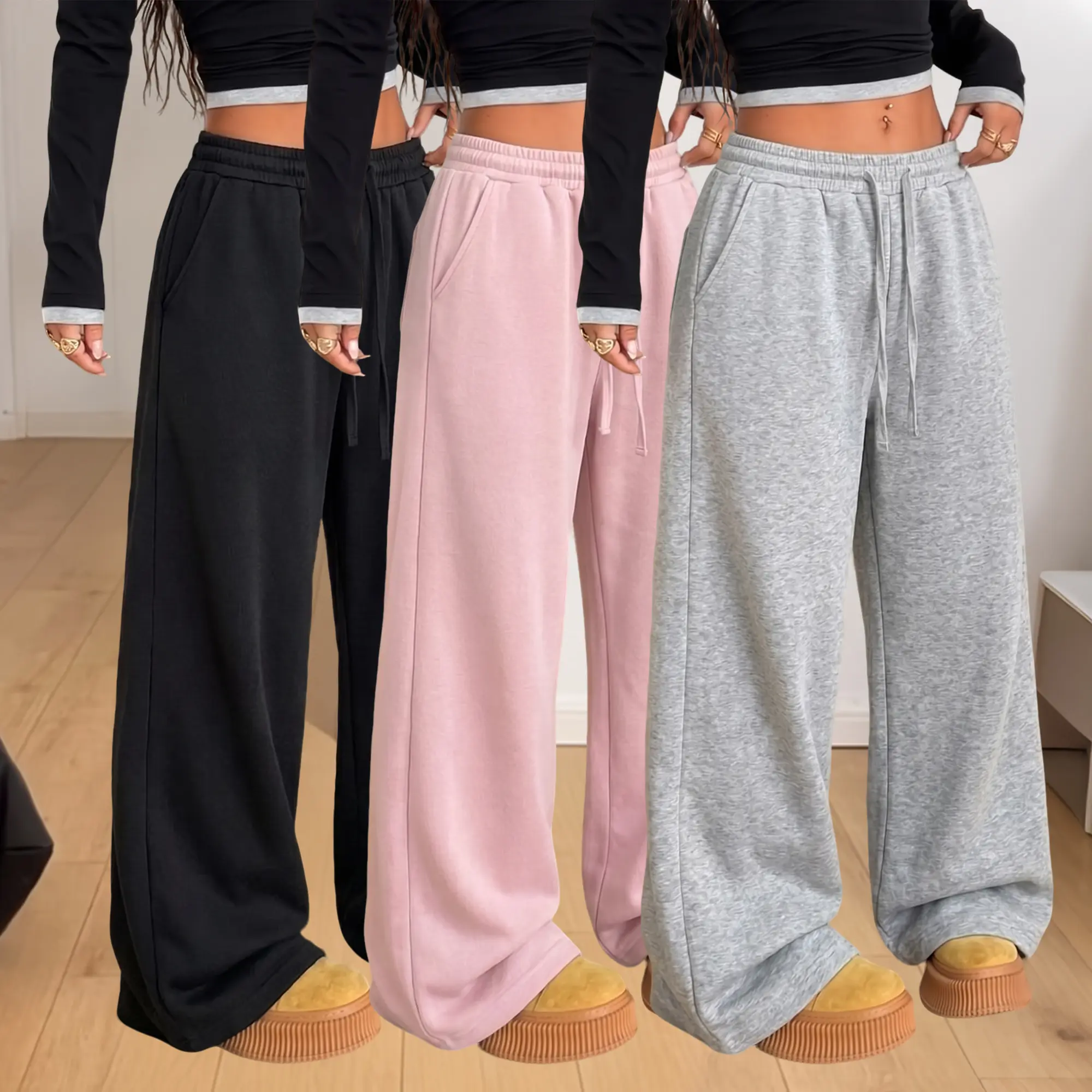3 pcs / 1 pc women’s autumn/winter solid color casual wide leg sweatpants, made from a comfortable cotton blend fabric, high waisted design with side pockets—perfect for a relaxed home look and suitable for everyday outings.
