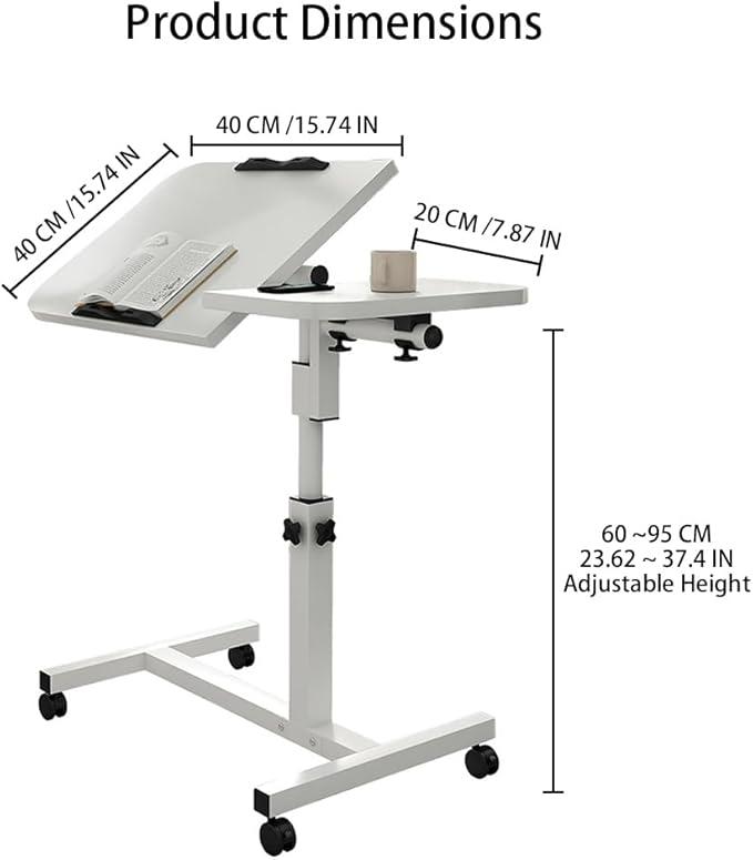 Over The Bed Table with Wheels 23.6''~37.4'' Adjustable Height Bedside Table Mobile Rolling Laptop Stand Tilting Overbed Table for Couch Home Office Hospital