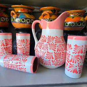 Pink with White Talavera Pitcher with cups