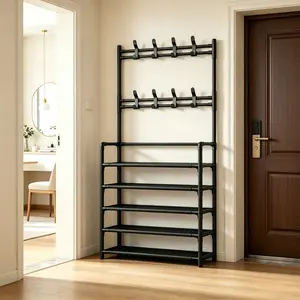 Metal Dual-Purpose Entryway Organizer - Adjustable Standing Shelf, Configurable Dual-Purpose/Floor-Standing/Hanging Shoe Storage, Hangable Bench with Hooks for Clothes, Jackets, Hats, Bags, Umbrellas, Home Accessories