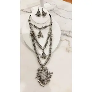 Elegant Oxidized Triple Layer Long Necklace Set – Premium Indian Jewelry