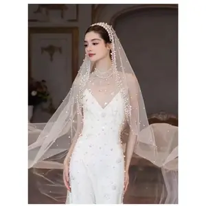 Veil, gloves, pearl headband three-piece set, bridal veil, pearl headpiece, long train main wedding dress accessories
