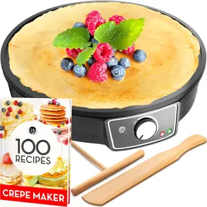 Crepe Maker Machine (Easy to Use), Pancake Griddle - Nonstick 12" Electric Griddle - Pancake Maker, Batter Spreader, Wooden Spatula - Crepe Pan for Crepes Roti, Tortilla, Blintzes - Portable, Compact
