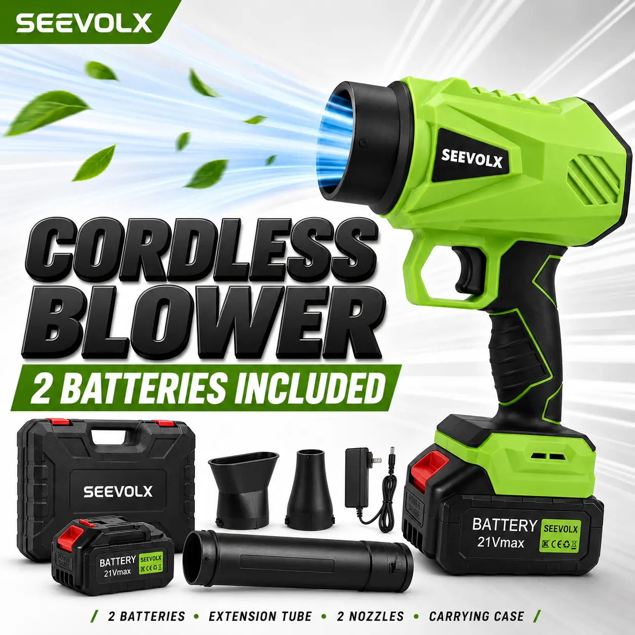 SEEVOLX Turbo Jet Blower with 2 Free Batteries, Cordless Leaf Blower, Violent Turbo Fan, Pure Copper Motor, Car Drying, Handheld Snow Blower, Air Duster, Home & Garden Holiday Gifts