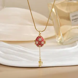 Openable Easter Egg Necklace Red Easter Egg Copper Zircon Pendant Titanium Steel Necklace