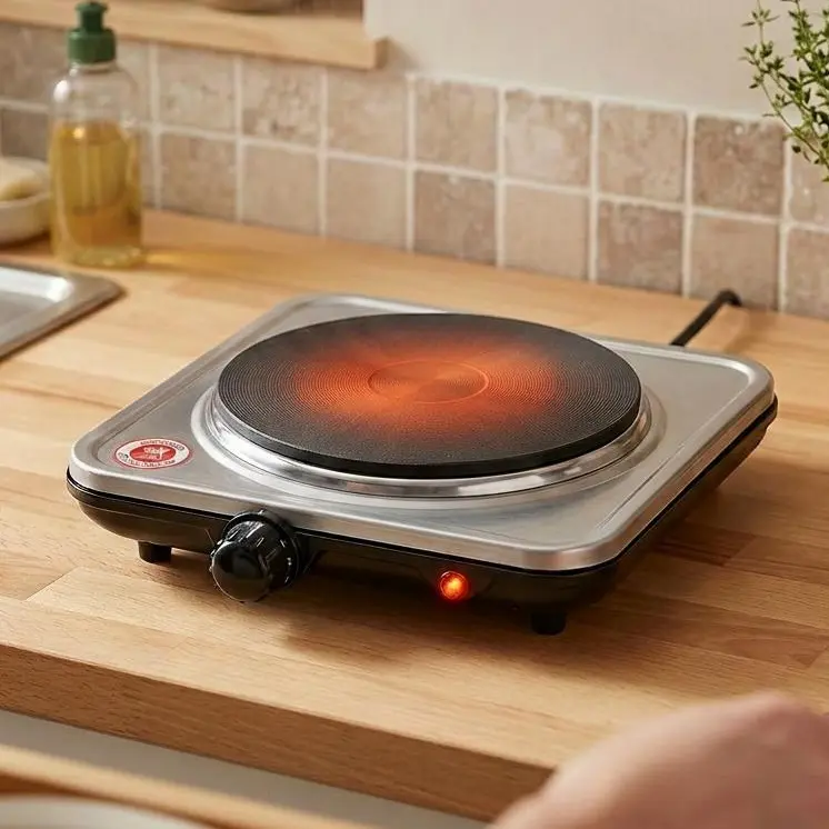 SummerVibes 1000W Compact Countertop Hot Plate - Single Burner, 5 Temp Levels, Lightweight and Easy to Carry, Efficient for Small Cooking Tasks, Ideal for Dorm Rooms, RVs. Summervibes.