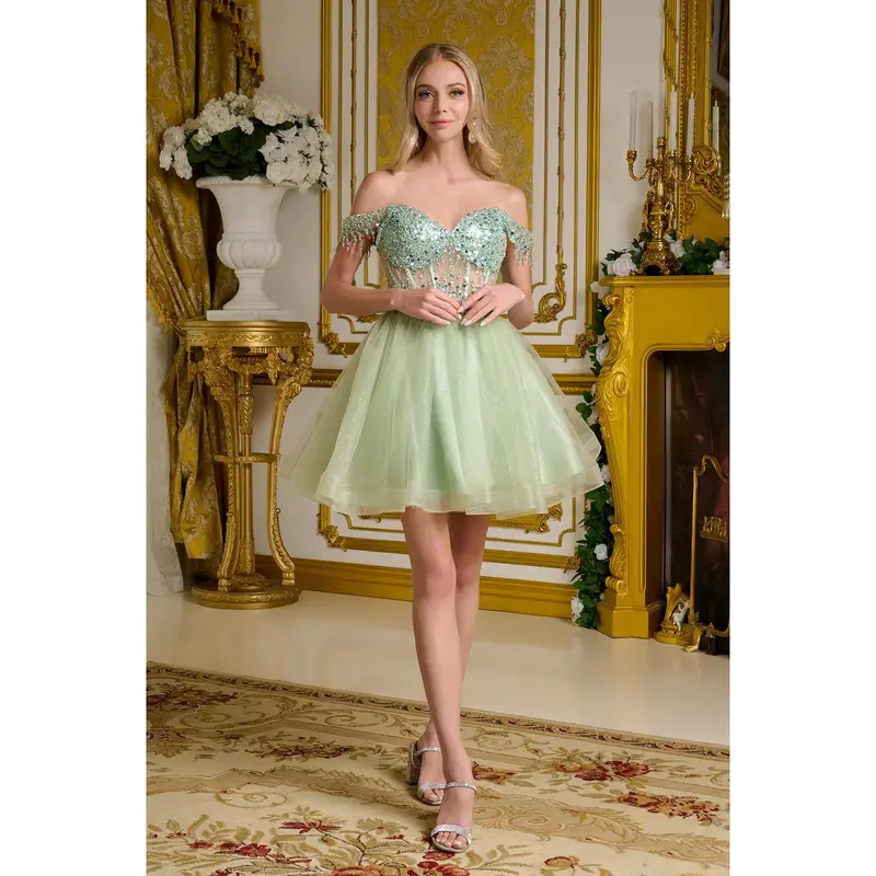 stores that sell homecoming dresses Primavera Couture 4204 Short Beaded Homecoming Dress Backless Corset  Cocktail Dress main image 0