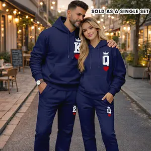 Couple's “K” and “Q” Crown and Heart Print Hoodie and Sweatpants Set (Sold as a Single Set), Casual Sportswear, Long-Sleeve Hooded Jacket and Pants, Suitable for Autumn, Winter, and Spring, Everyday Wear, Tracksuit