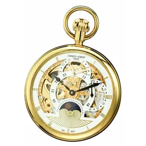 212 MAIN Women's Stylish Stainless Steel Pocket Watch - Charles-Hubert-Paris Gold-Plated Modern Mechanical Open Face, Dual Time Zone, Roman Numerals, Skeleton Dial, Gift Boxed (Stainless Steel Watches), Stylish Watch