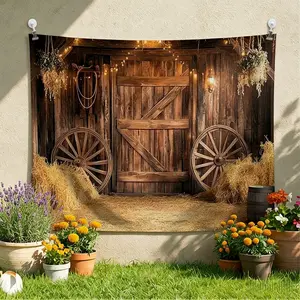 2D Flat, 1pc Western Barn Backdrop Banner - Rustic Farm Party Decor with Wooden Doors, Hay Bales, Wagon Wheels - Durable Polyester Photography Background for Birthday, Wedding, Cowboy Party Decorations - No Electricity Needed, Easy Setup, Birthday