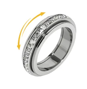 Titanium Steel Spinner Fidget Rings for Anxiety Relief, Stress Band for Women Men with Cubic Zirconia Accents, Comfort Fit Spinner Ring, Sizes 5 to 12 tarnish proof jewelry men's