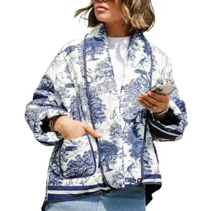 Women's Quilted Jacket Cardigan Lightweight Floral Print Open Front Padded Puffer Jackets