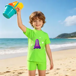 Kids Short Sleeve Crew Neck Rash Guard Swimsuit Quick Dry 2 Piece Funny Purple Monster with Sparkles Print Swimwear for Boys Girls Beach Pool Summer Vacation