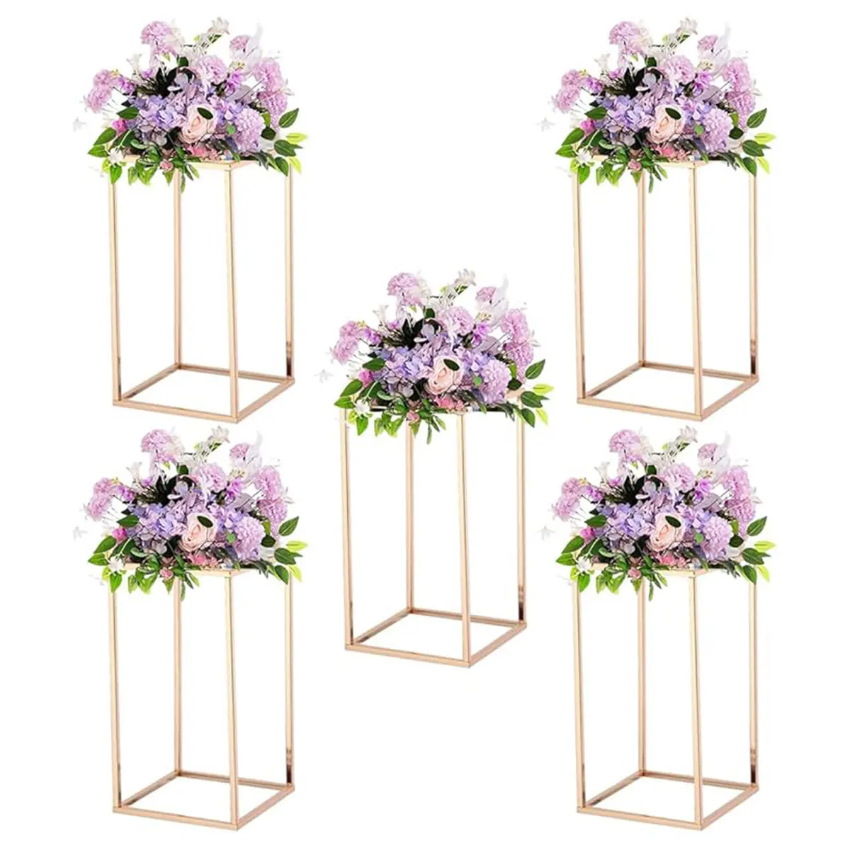 VINCIGANT 5pcs 15.7in Minimalist Lightweight Metal Modern Tall Column Geometric Floral Vase Set, Gold Wedding Table Centerpieces for Party Event Home Decor