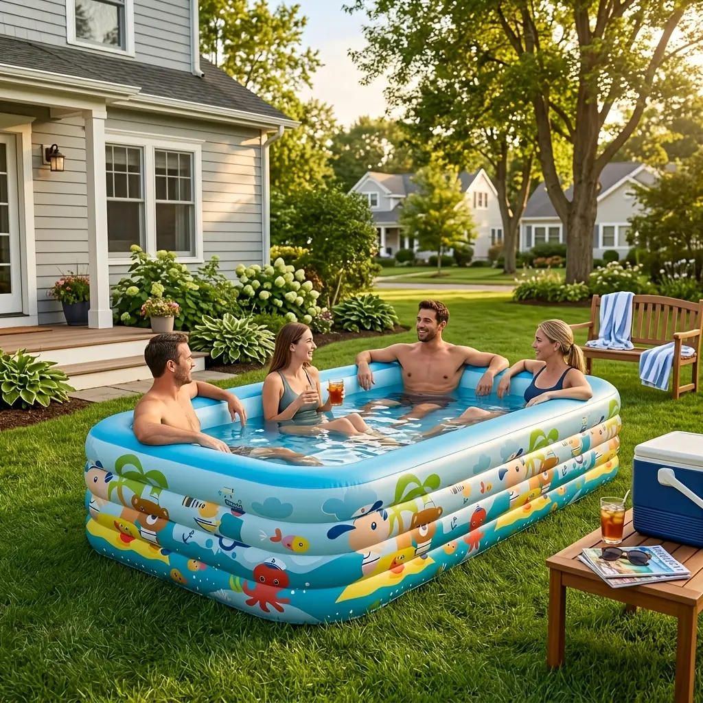 S7326607714 Super Large Unisex Adults' 4-Layer Thick Polyvinyl Chloride (PVC) Heavy-Duty Foldable Portable Inflatable Swimming Pool (145.7x72.8x26in) for Summer Water Parks, Patios, Gardens
