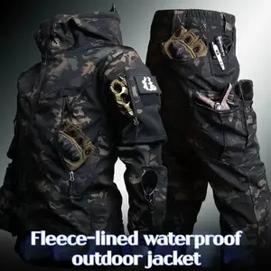 Winter men's outdoor tactical soft shell shark suit set camouflage jacket long pants work suit hooded windproof and waterproof men's suit