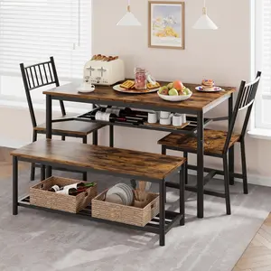 GARVEE Dining Table Set for 4 with Wine Rack + Sturdy Bench + Space-Saving Design + Premium MDF & Steel + Adjustable Feet + Suitable for Small Spaces