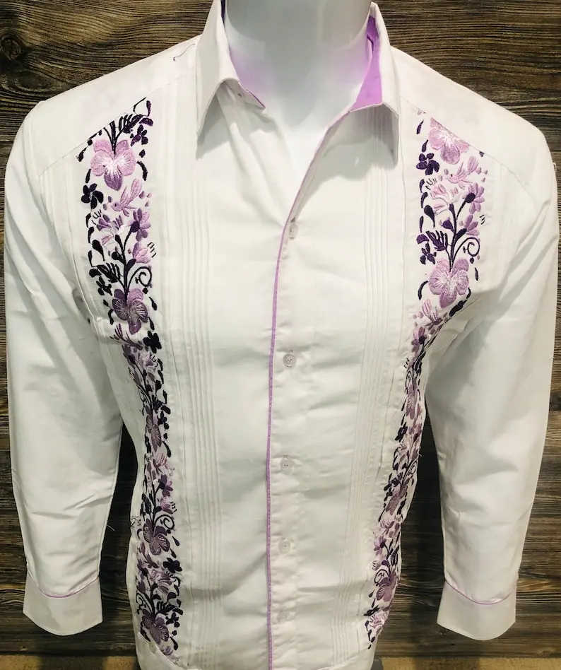 Mens Mexican Guayabera Wedding Shirt Hummingbird Purple Lavender Flower Embroidery Long Sleeve