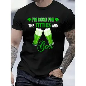100% Cotton I'm Here For The Titties And Beer Funny St. Patrick's Day T-Shirt Women's Men's Graphic Tee Crew Neck summer vacation Tops
