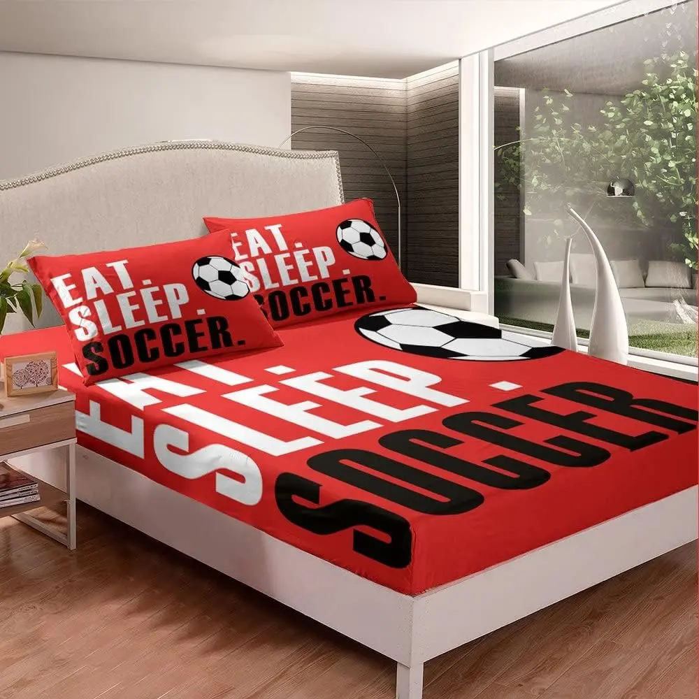 Feelyou 3-Piece Sports Theme Bedroom Bedding Set - Full Size Bedsheet Set, Red Eat Sleep Football Design with Soccer Ball Decor for Ball Games Rooms, Decorative Bedding, Bedsheet Sets