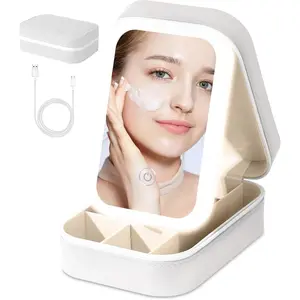 Small Travel LED Makeup Mirror Case with 3 Adjustable Color Light Settings, Travel Makeup Bag, Dust-Proof Jewelry Box, Mini Cosmetic Train Case Ideal for Short Trips