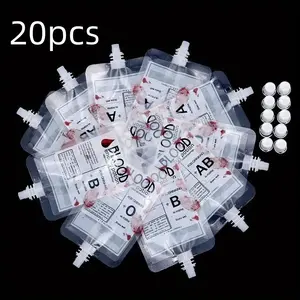Halloween Vampire Blood Drink Bags, Reusable Party Favor Packs with Clips, 20 Pieces, 4 Types, Perfect for Zombie Costume Decorations, Party Favors Assortment
