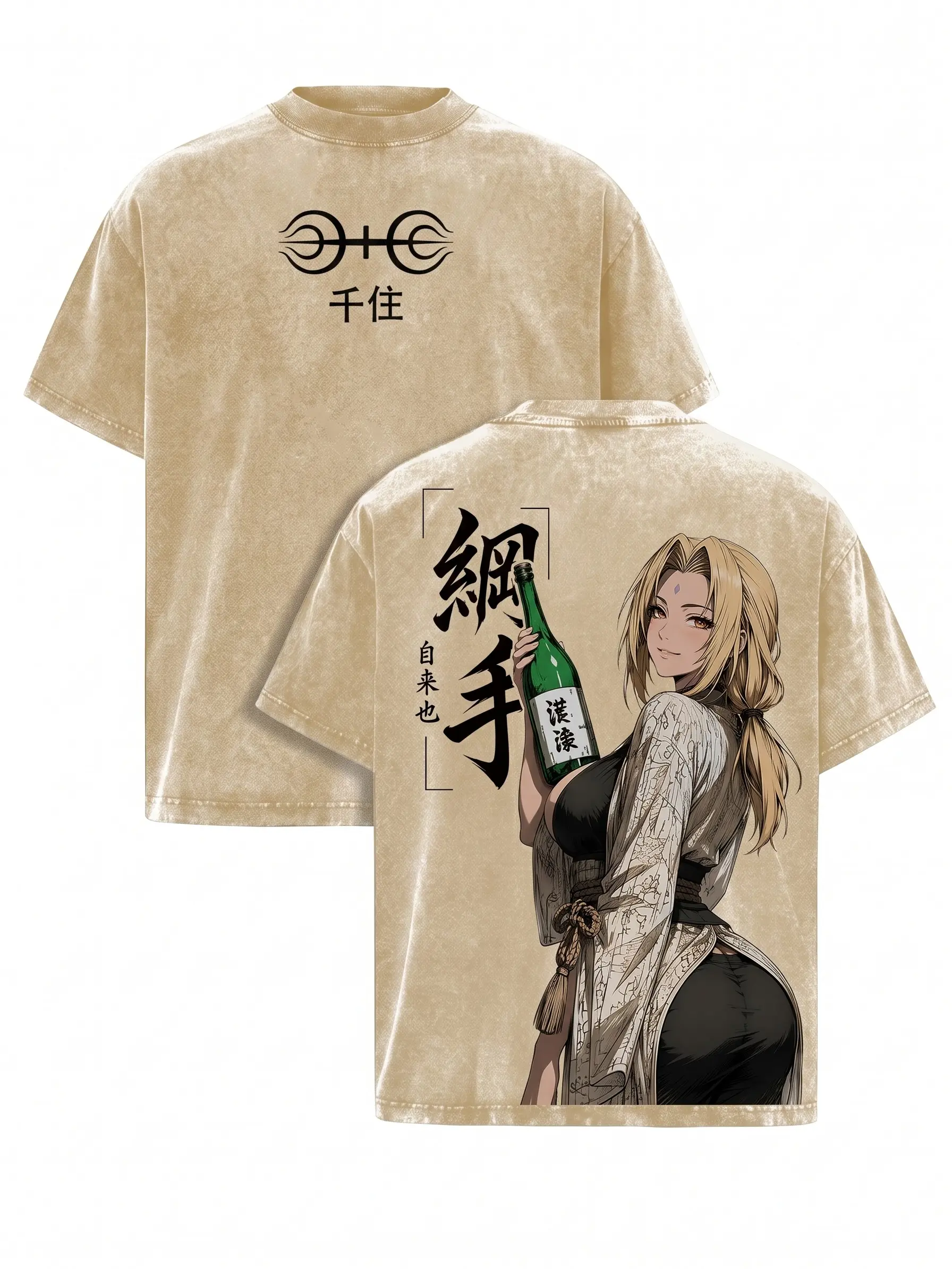 Tsunade Fifth Hokage T Shirt Anime Graphic Vintage Washed Beige Heavyweight Oversized Tee Japanese Manga Streetwear Y2K Retro Anime Shirt Back Print Unisex Casual Summer Top