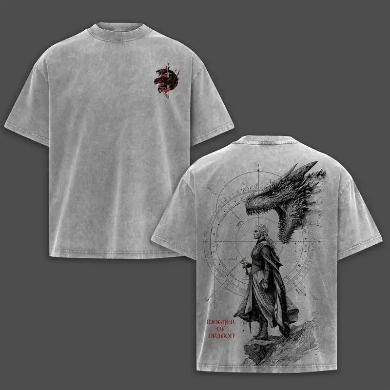 Daenerys Targaryen Mother Of Dragon T-Shirt Washed, Game of Thrones A Knight of the Seven Kingdoms Double Printed Graphic Tee, Vintage Unisex Oversized Streetwear Heavy Cotton Gift for GoT Fans Movie Merch