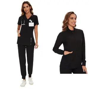 COZYFIT Scrubs for Women Set and Jackets - Stretch V-Neck Scrub Top & Jogger Pant, Zip Front Nurse Jacket