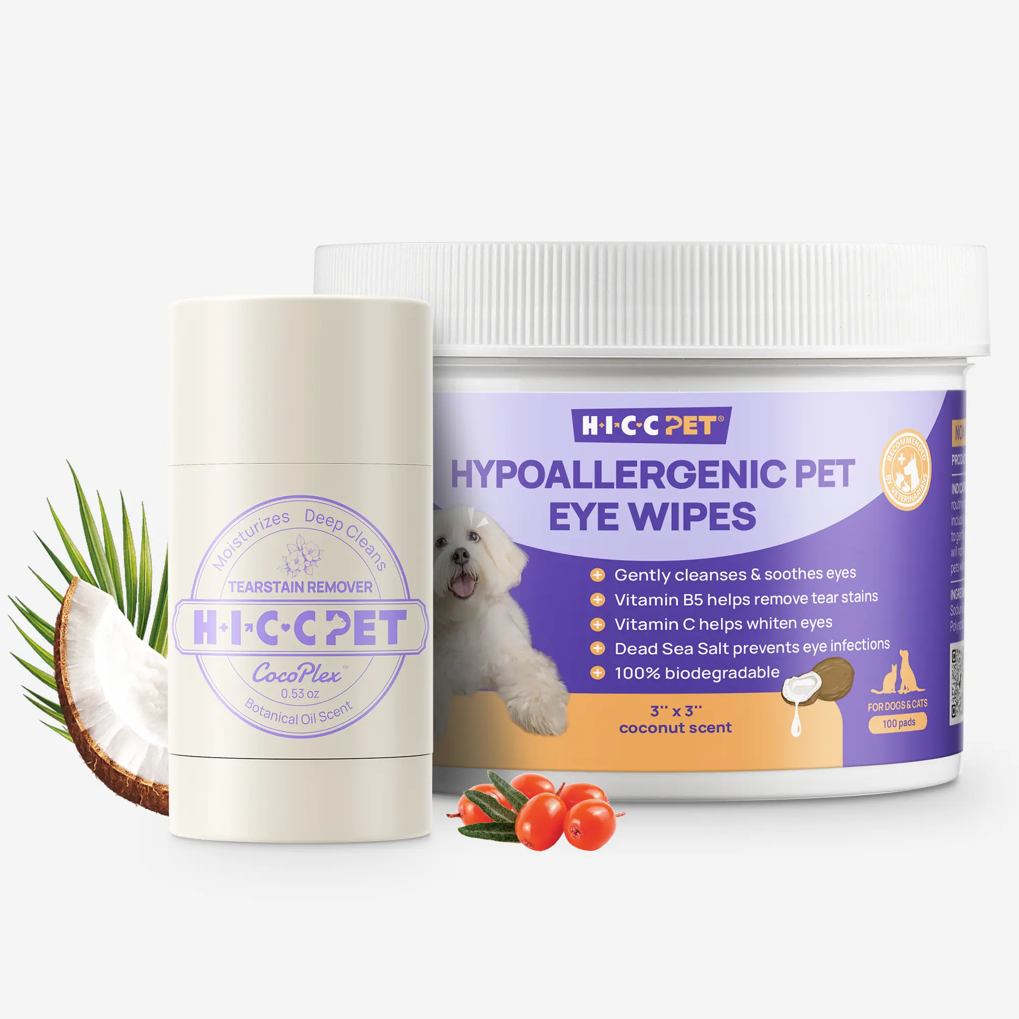 HICC PET Tear Stain Remover for Dogs and Cats, Eye Wipes & Eye Balm Kit, Coconut Oil Hypoallergenic Eye Care, Perfect for Sensitive Eye Area