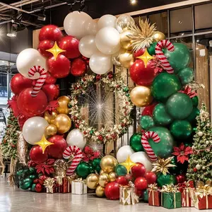 111pcs Christmas red and green party balloon garland wreath arch kit, pearl white gold cane balloons and gold square star balloons suitable for Christmas party decoration, Christmas interior decoration, Christmas mall decoration