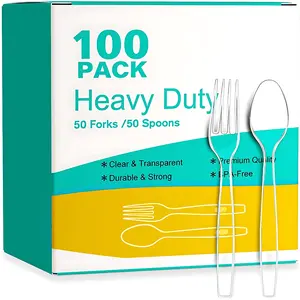 100 Count Heavy Duty Plastic Silverware Set Premium Disposable Forks & Spoons, Strong Durable Utensils for Weddings, Parties, Catering & Everyday Use, Bulk Tableware Supplies