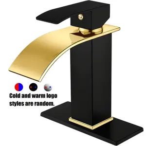 Waterfall Bathroom Faucet, Single Handle 1 Hole Bathroom Sink Faucet with Deck Plate And Pop-up Drain, Polish Golden Wide Spout Matte Black Handle Lavatory Faucet