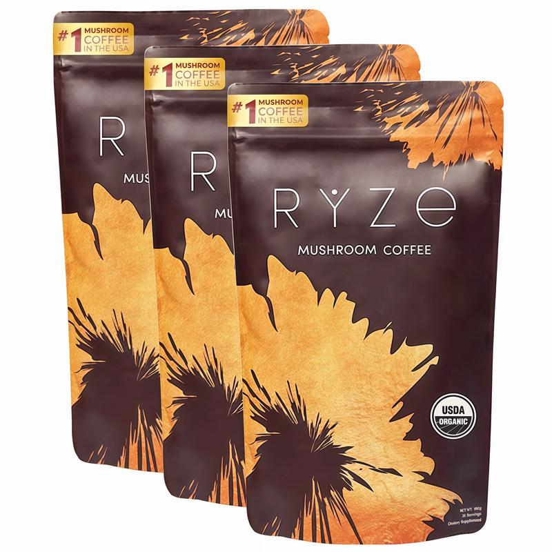 3 piece RYZE Mushroom Coffee USDA Organic with 6 Adaptogenic Mushrooms and MCT Oil BT, USA Grown Instant Coffee for Better Energy, Focus,Digestion, lmmunity with Turkey Tail, Shiitake,Lion's Mane, 30 Servings