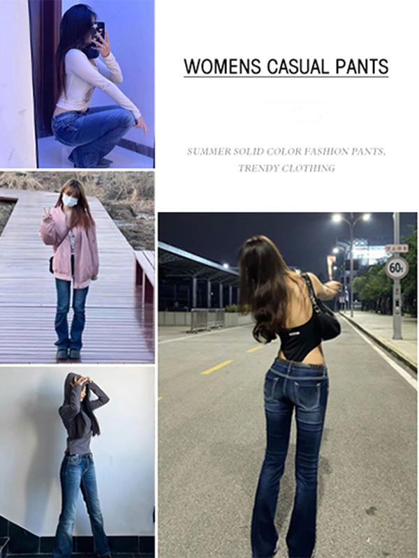 Vintage Aesthetic Wide Waistband Button-Up Fitted Low-Rise Washed Skinny Jeans, Casual Simple Versatile Women's Denim Pants,Casual Distressed Slim Fit Flare Leg Jeans