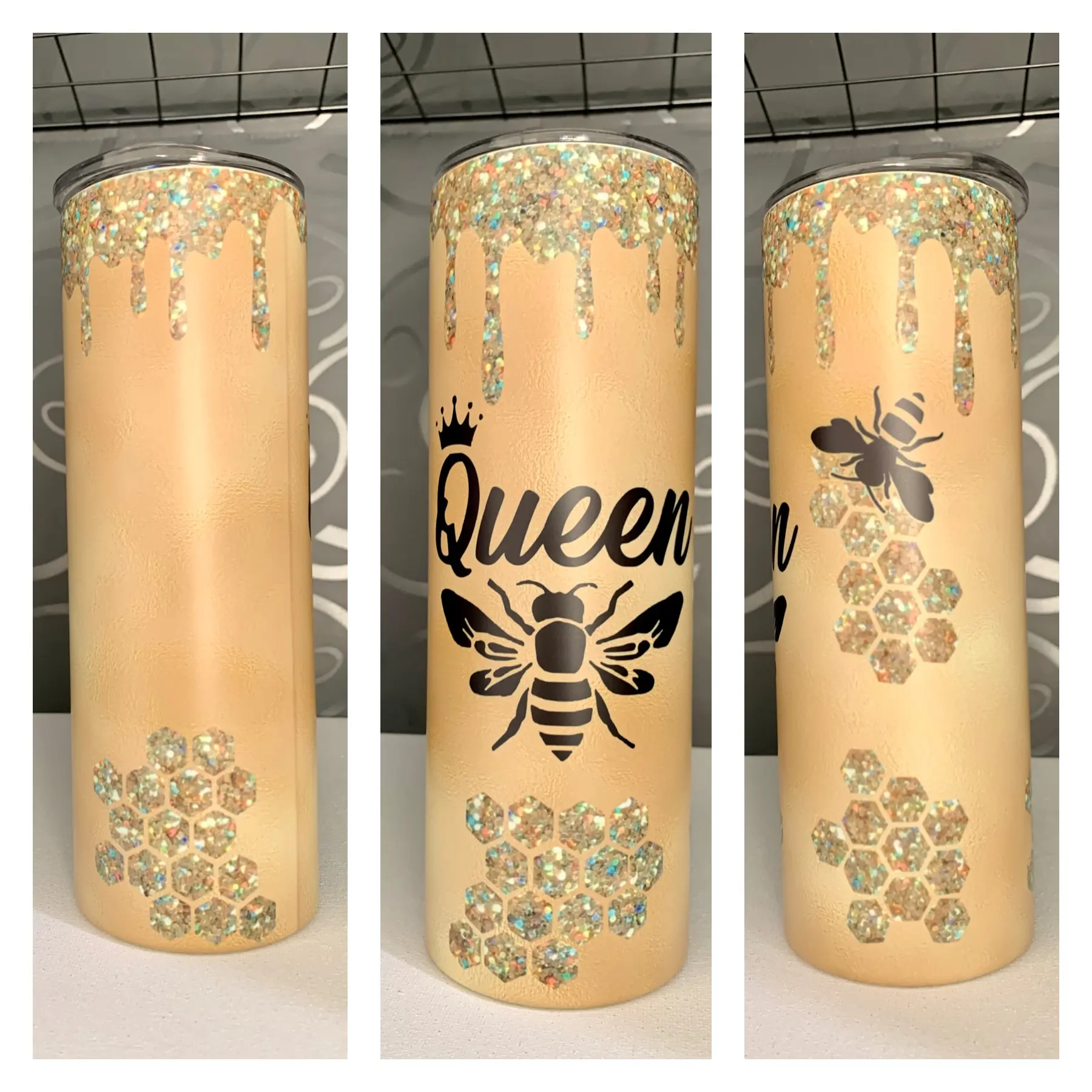 Queen Bee 20 oz Tumbler - Insulated Flask with Bee Design, Lid, and Decorative Beeswax Accents