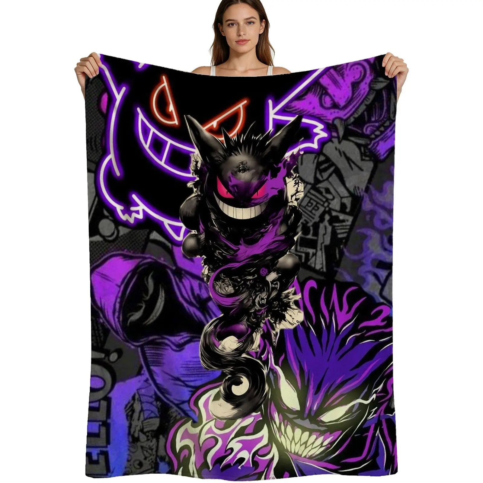 Anime Style, Warm Flannel Blanket, Purple Gengar Ghost Pokemon Pattern, Soft Fleece Fabric With Vibrant Print, For Gamers And Bedroom Decor, 4 Sizes Available Single Pack