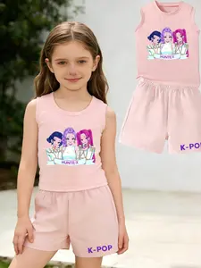 Girls' Summer Huntr/x K-Pop Cartoon Print Sleeveless Vest + Shorts Set, Casual Loose-Fitting Tee, Breathable Comfort, Trendy Kids