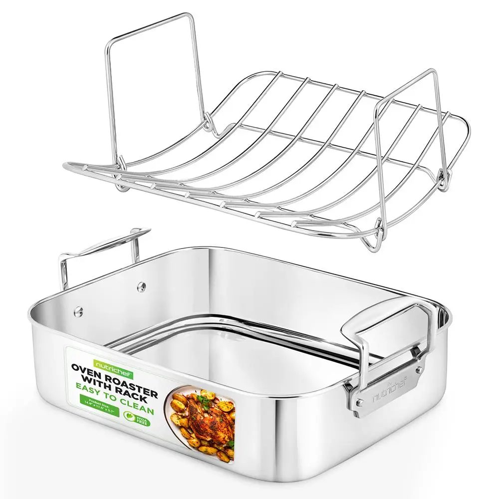 14" Stainless Steel Roasting Pan with Rack | Heavy Duty Oven Roaster Pan with Removable Rack & Cast Handles - Warp Resistant, Dishwasher Safe & Easy Clean Bakeware - Home Baking Essential