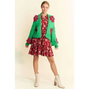Davi & Dani Floral Applique Open Front Drop Shoulder Cardigan