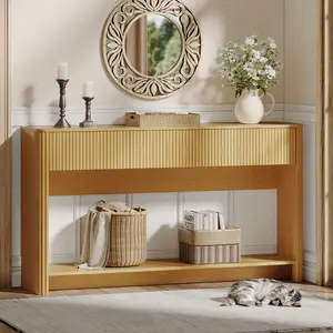 TOKSOM 47.2" Fluted Console Table for Entryway,Entryway Table with 3 Wooden Drawers,Farmhouse Behind Sofa Table for Living Room,Hallway,Couch,Foyer,Natural wood,Walnut